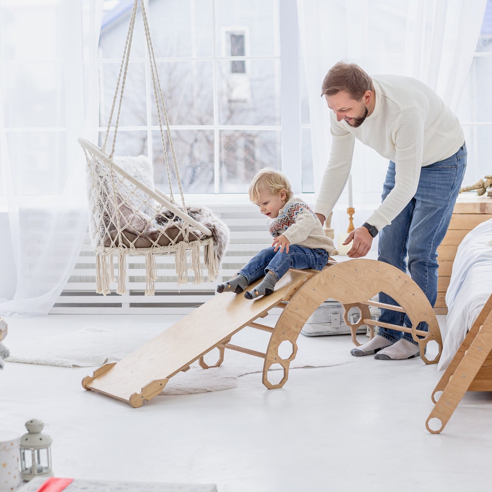 Christmas Edition - Montessori climber + Rocker with Cushion, Indoor playground, Montessori furniture, Indoor baby swing, Educational toy