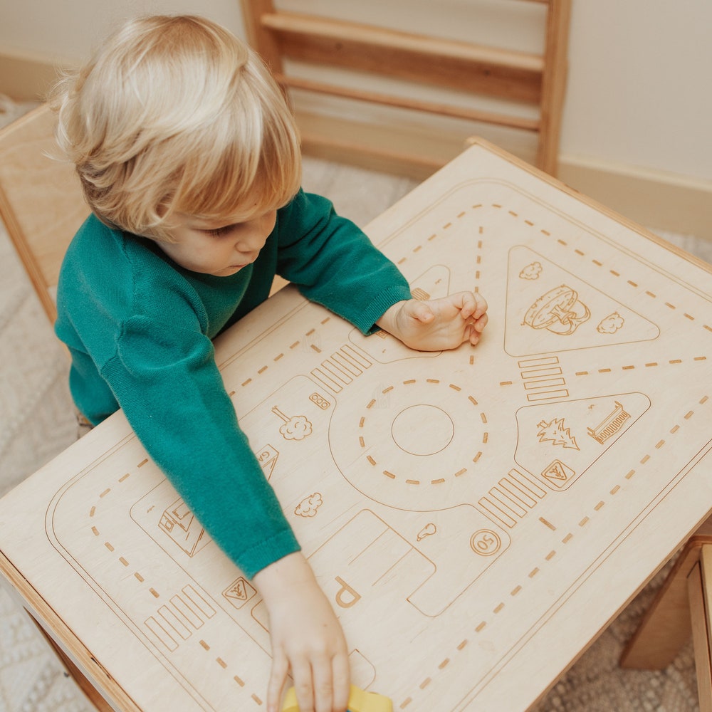 Wooden Toddler Activity Table with Paper Holder, Montessori furniture, Kids Table and Chairs, Sensory Nursery Table, Study Desk
