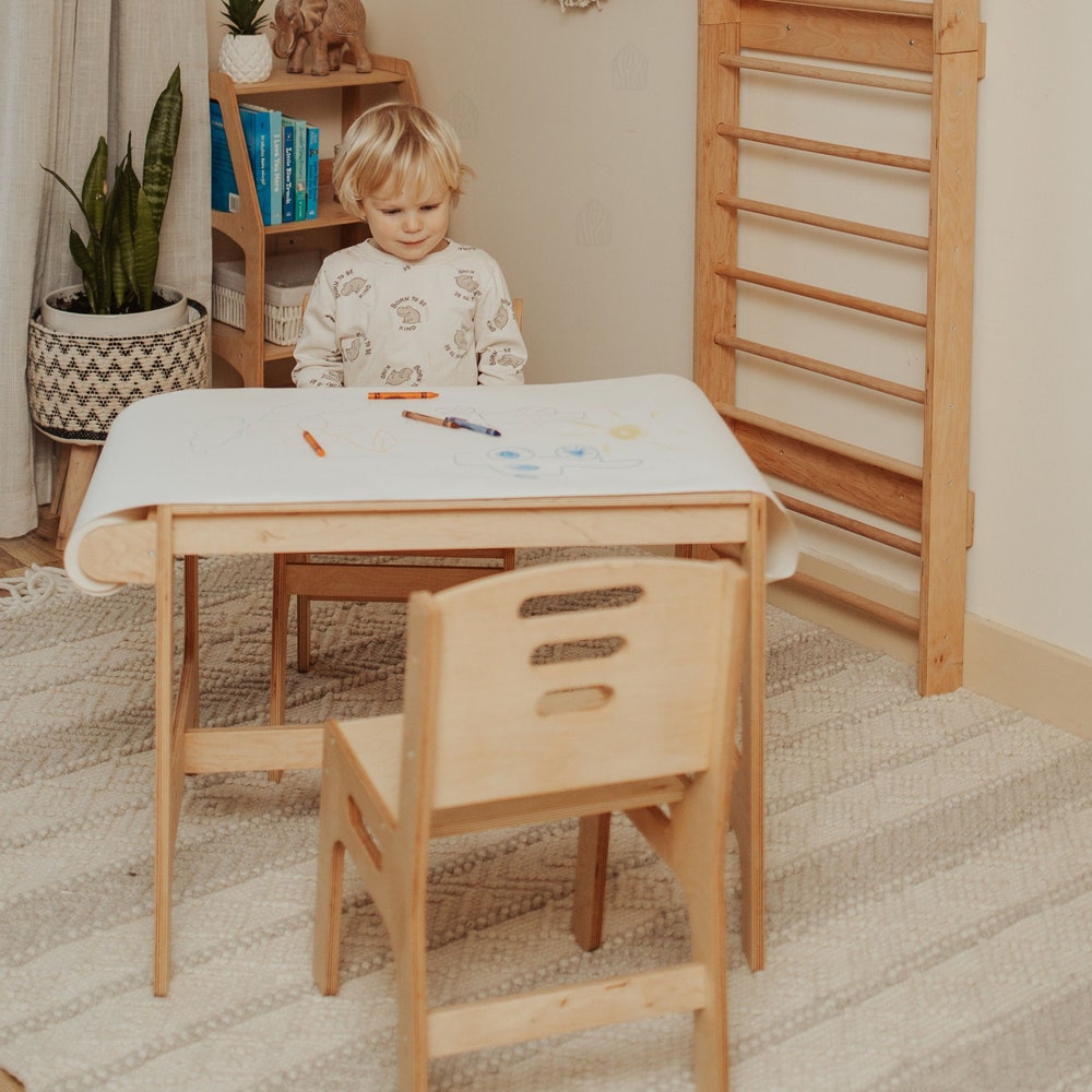 Wooden Toddler Activity Table with Paper Holder, Montessori furniture, Kids Table and Chairs, Sensory Nursery Table, Study Desk