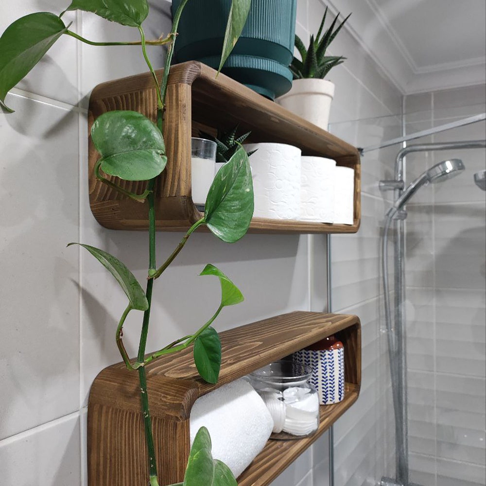 Floating Wooden Bathroom Shelf Organizer Wall Storage Box Rack