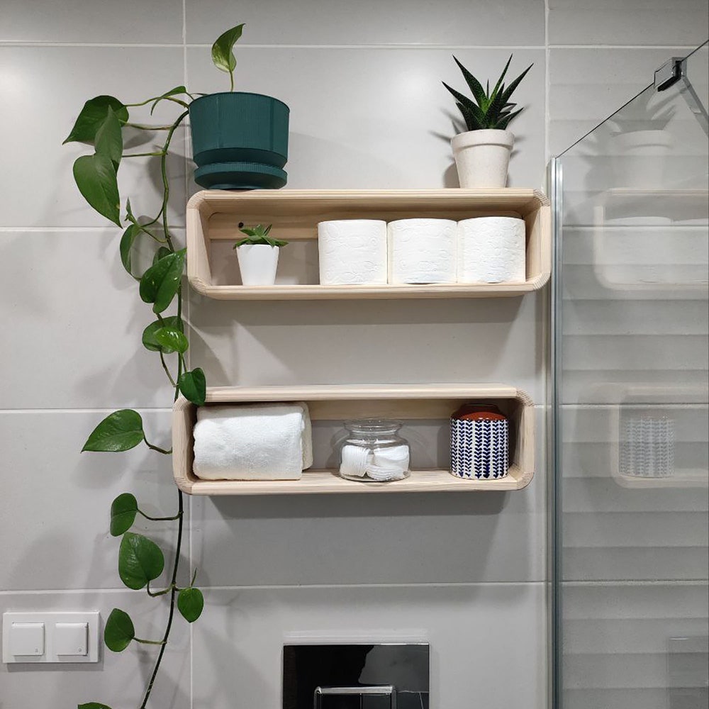 Floating Wooden Bathroom Shelf Organizer Wall Mounted Display Rack