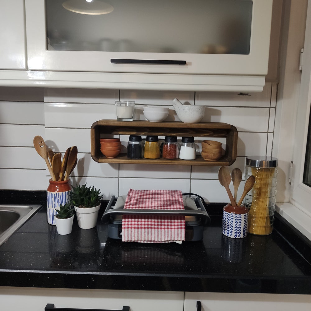 Rustic Wooden Spice Rack Kitchen Shelf Protruding Wall Mounted Organizer