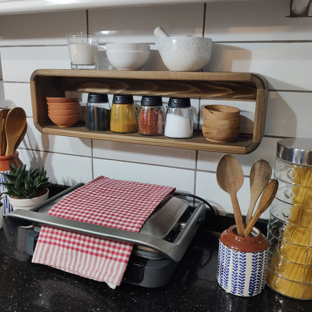 Rustic Wooden Spice Rack Kitchen Shelf Protruding Wall Mounted Organizer
