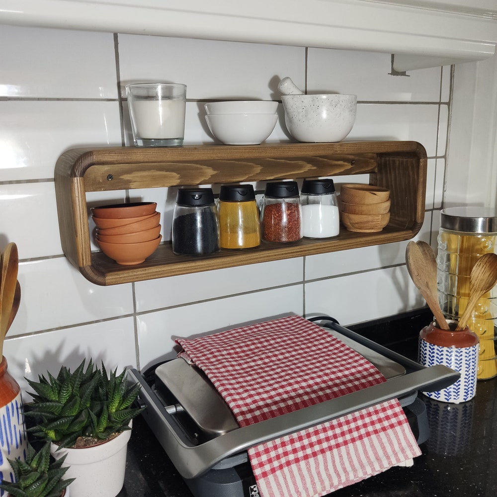 Rustic Wooden Spice Rack Kitchen Shelf Protruding Wall Mounted Organizer