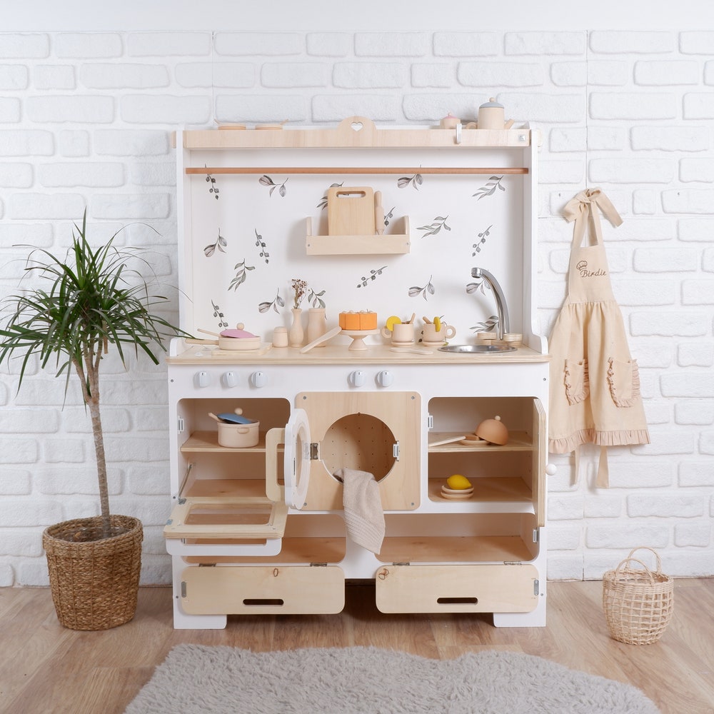 The biggest play kitchen for 10 year olds | Handmade Customizable Wooden Play Kitchen for 10 Year Old Kids | White and Pink