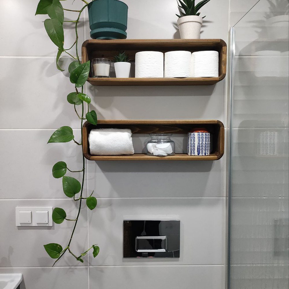Floating Wooden Bathroom Shelf Organizer Wall Storage Box Rack