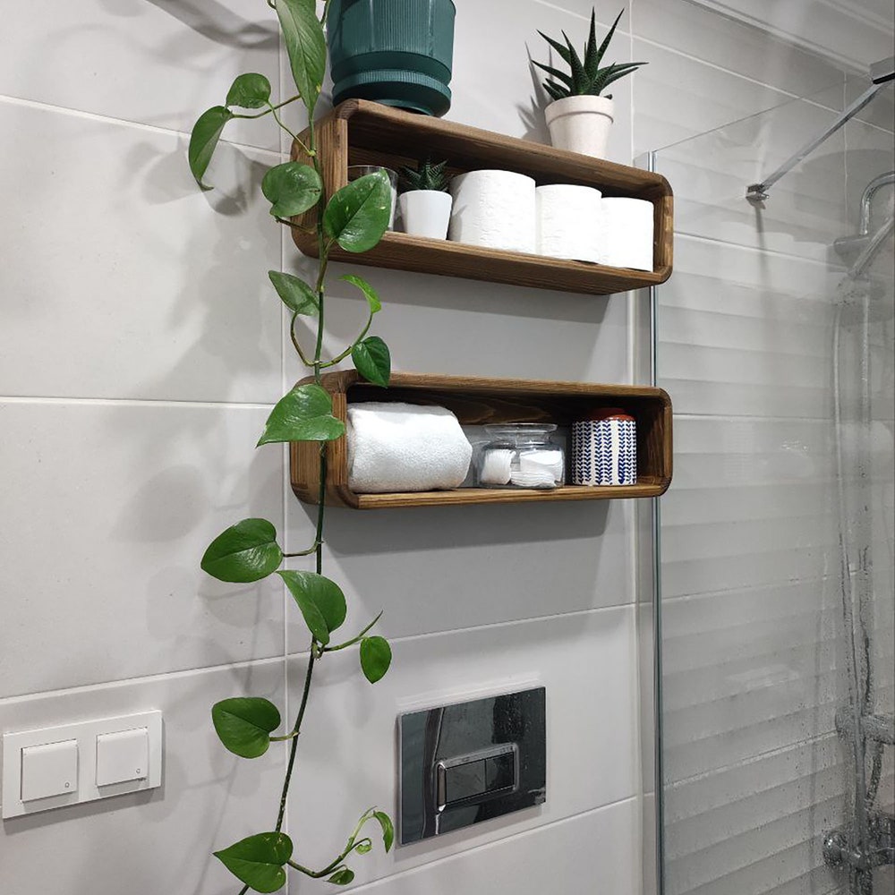 Floating Wooden Bathroom Shelf Organizer Wall Storage Box Rack