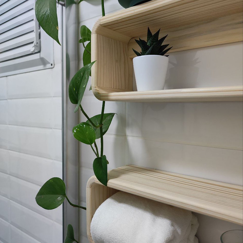 Floating Wooden Bathroom Shelf Organizer Wall Mounted Display Rack