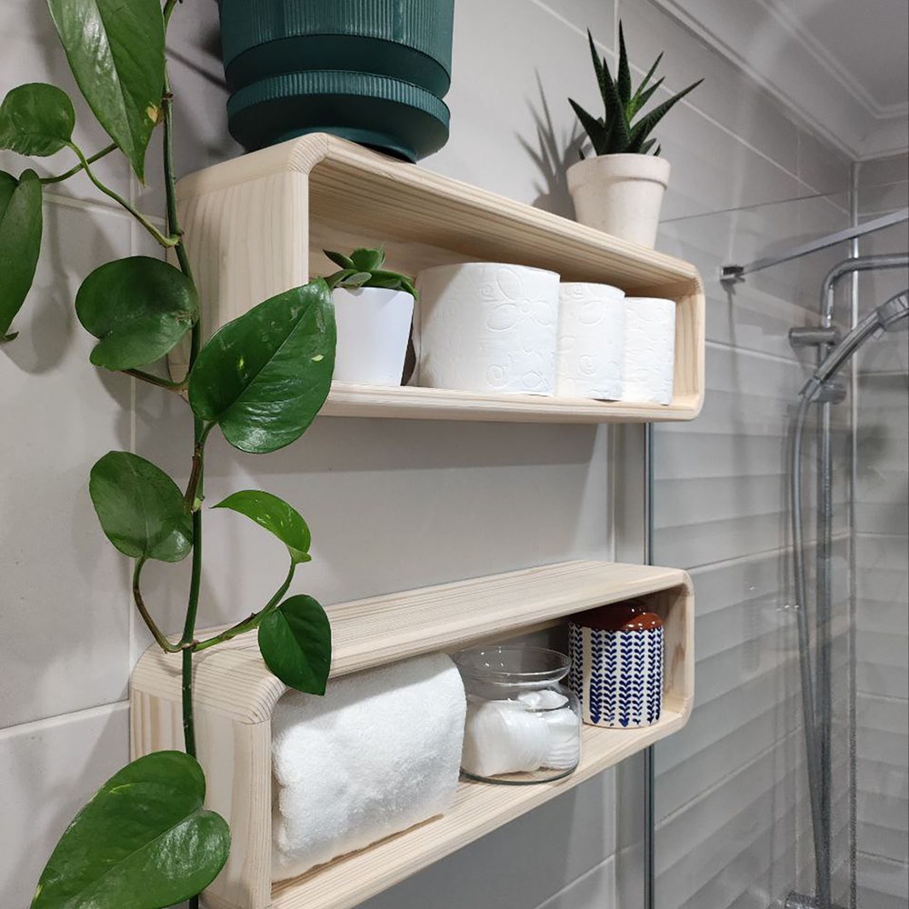 Floating Wooden Bathroom Shelf Organizer Wall Mounted Display Rack