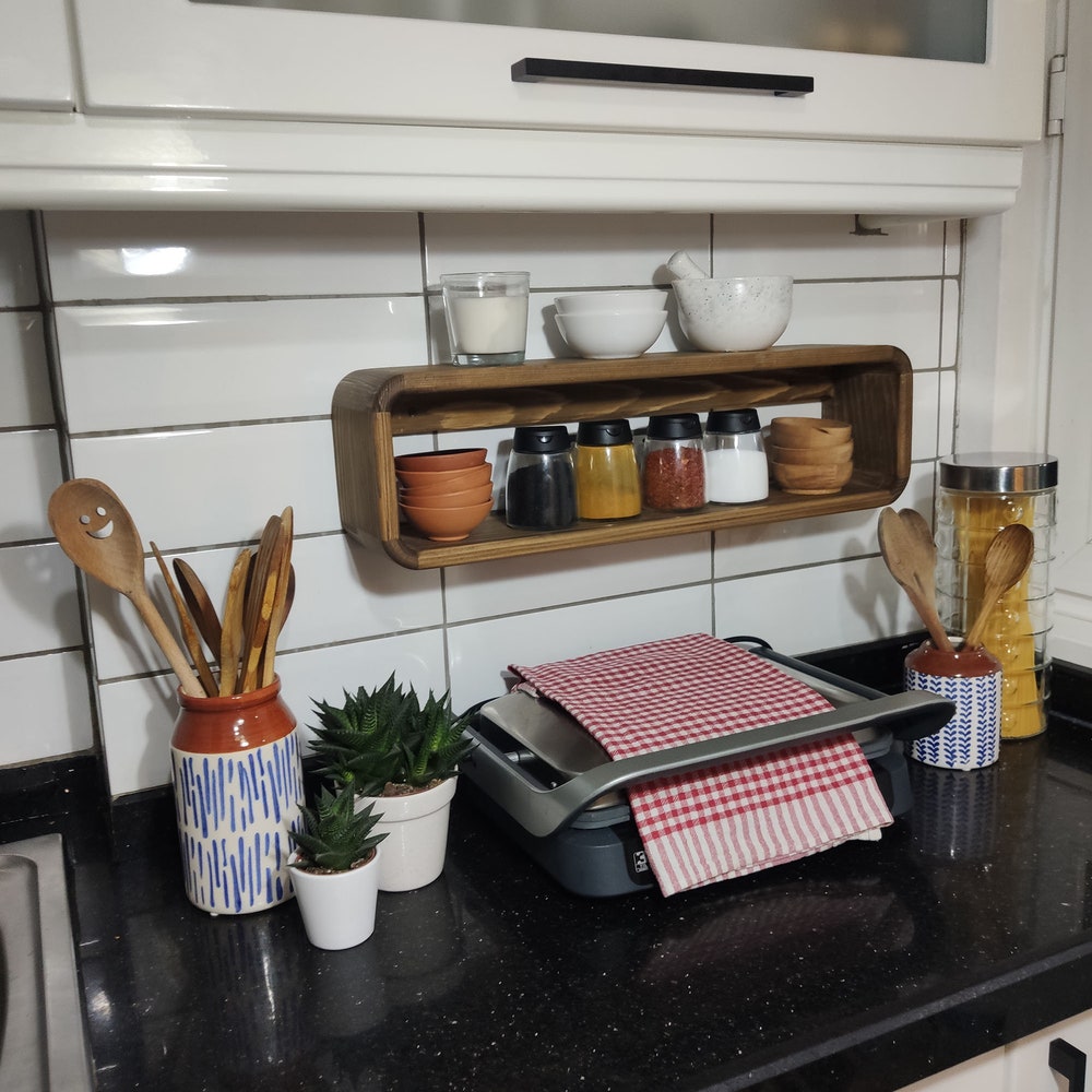 Rustic Wooden Spice Rack Kitchen Shelf Protruding Wall Mounted Organizer