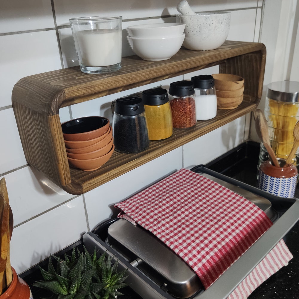 Rustic Wooden Spice Rack Kitchen Shelf Protruding Wall Mounted Organizer