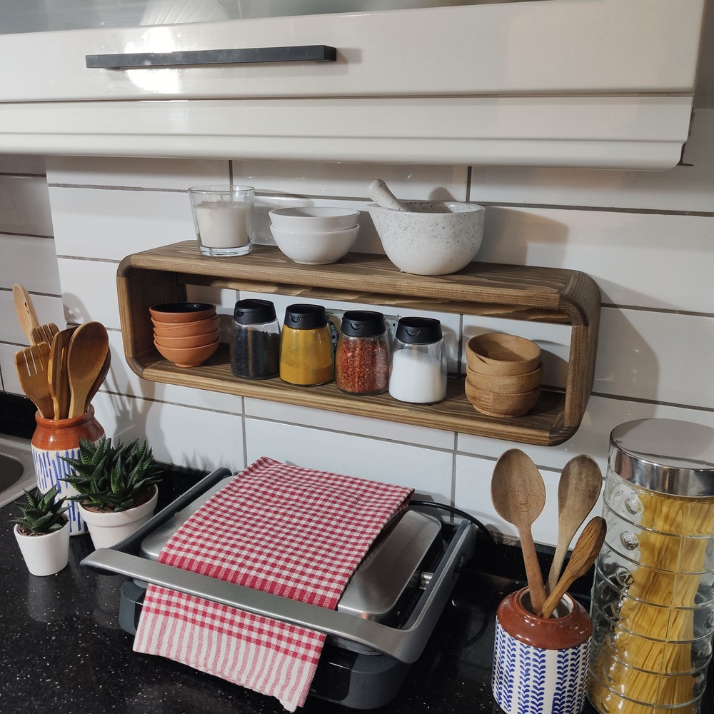 Rustic Wooden Spice Rack Kitchen Shelf Protruding Wall Mounted Organizer