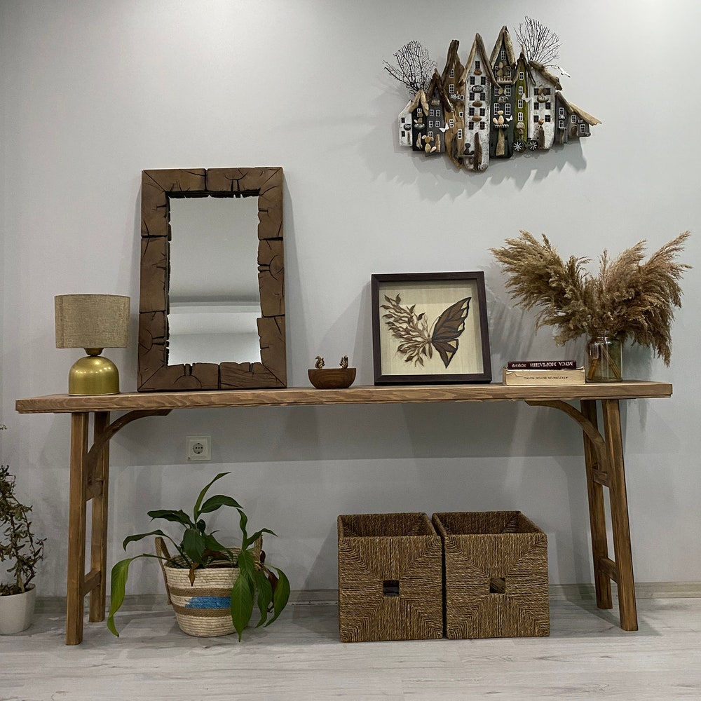 Console/sofa/Entrway table Rustic custom reclaimed Wood/Wooden/Solid/Live edge/slab luxury end/side/foyer/entry/kitchen/coffee/sehpa/ table