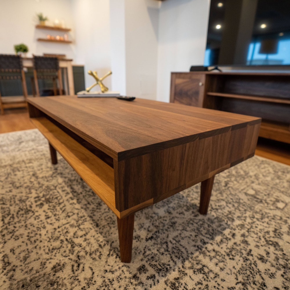 Solid Walnut Coffee Table, Handmade Modern Coffee Table With Storage, Solid Wood Furniture, Open Living Room Table