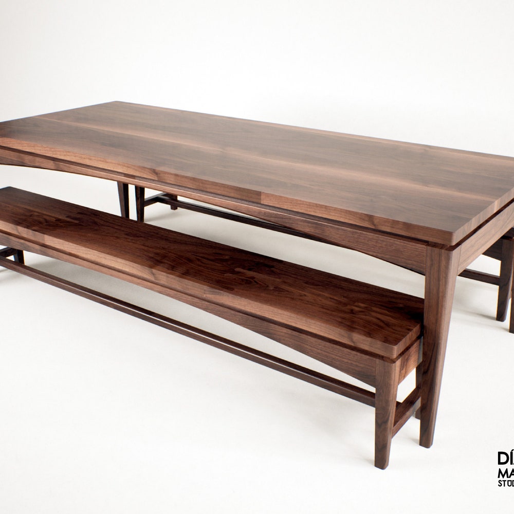 Dinning room set in american walnut, mid century dining table and bench,  farm house table and benches, distressed furniture
