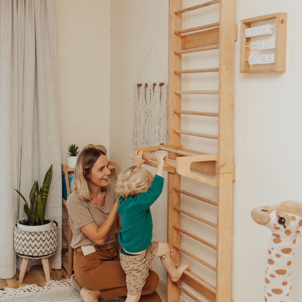 Climbing wall with slide,  toddler game room, Montessori furniture, educational toys, indoor playground, swedish ladder, Kids climber gym