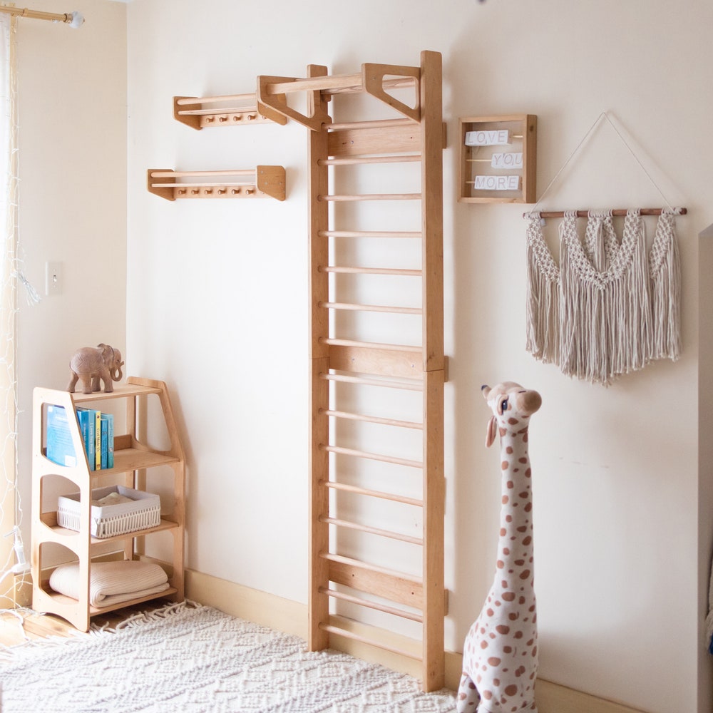Climbing wall with slide,  toddler game room, Montessori furniture, educational toys, indoor playground, swedish ladder, Kids climber gym