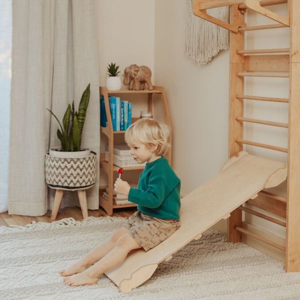 Climbing wall with slide,  toddler game room, Montessori furniture, educational toys, indoor playground, swedish ladder, Kids climber gym