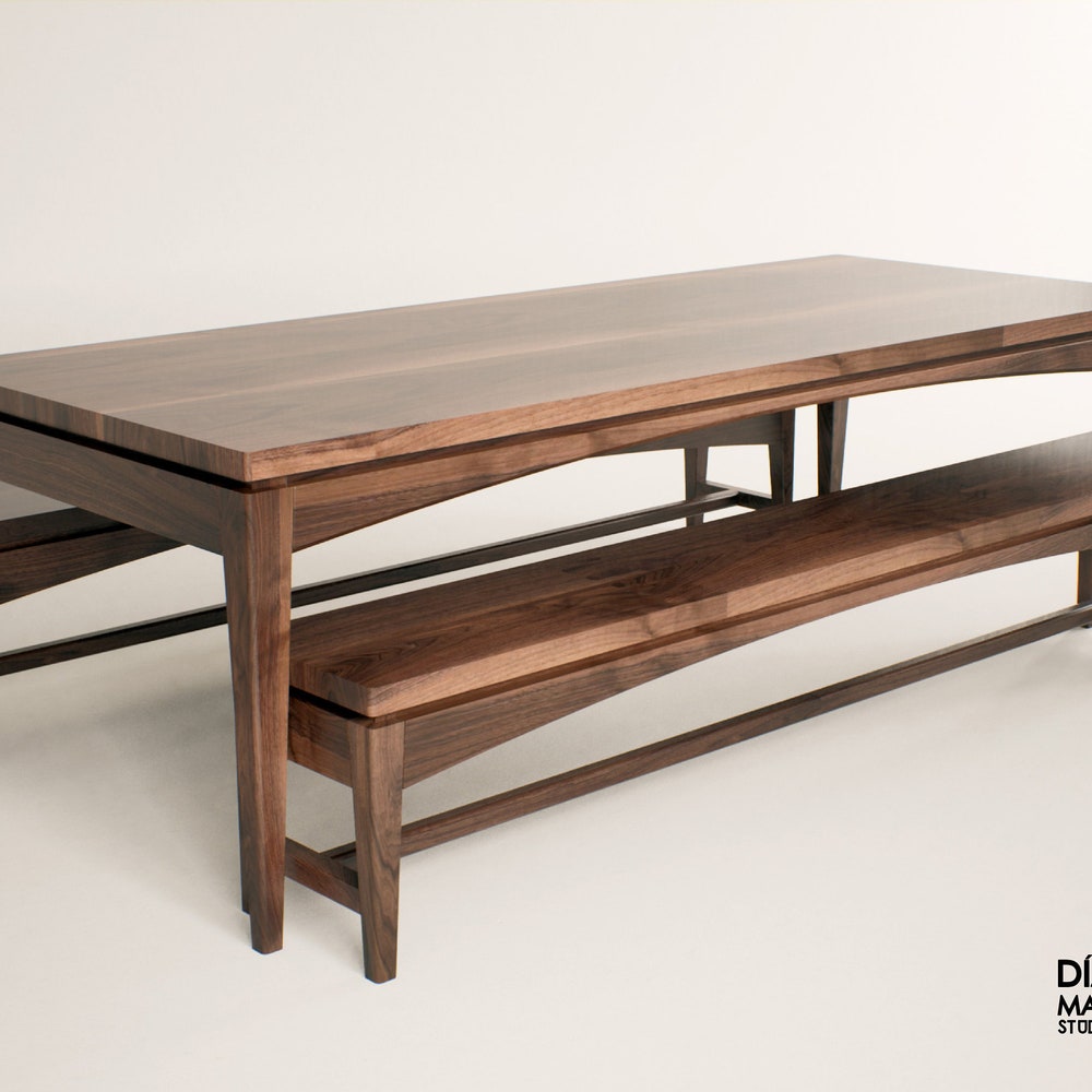 Dinning room set in american walnut, mid century dining table and bench,  farm house table and benches, distressed furniture