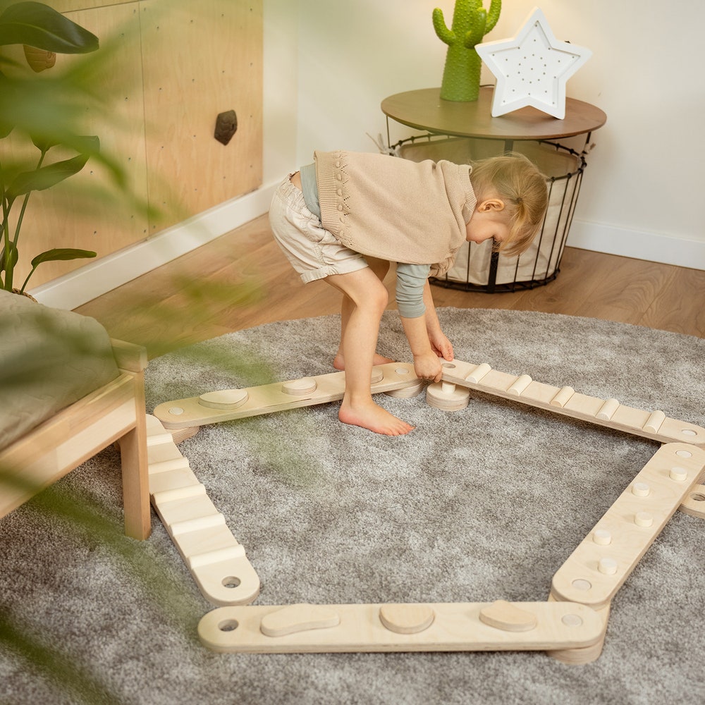 Double-sided natural balance beam set from 4, 6 or 8 beams, Montessori wooden balance toy, kids balance board, toddler gift, indoor gym
