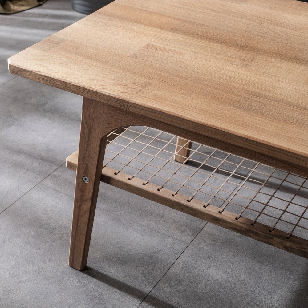 30x20" White Oak Coffee Table with Storage Shelf, Two Layer Lounge Table, Wooden Center Table with Shelf, 2 Tier Rectangular Table