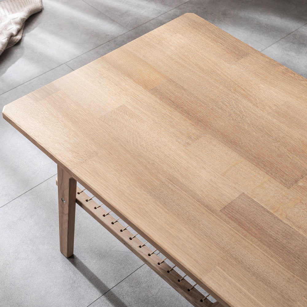 30x20" White Oak Coffee Table with Storage Shelf, Two Layer Lounge Table, Wooden Center Table with Shelf, 2 Tier Rectangular Table