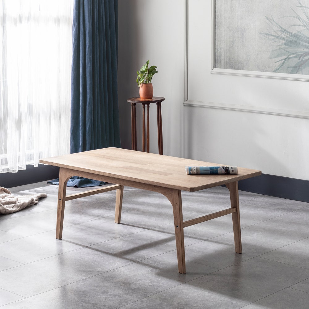 30x20" White Oak Coffee Table with Storage Shelf, Two Layer Lounge Table, Wooden Center Table with Shelf, 2 Tier Rectangular Table