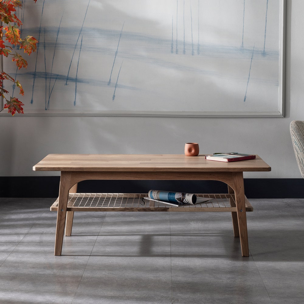 30x20" White Oak Coffee Table with Storage Shelf, Two Layer Lounge Table, Wooden Center Table with Shelf, 2 Tier Rectangular Table