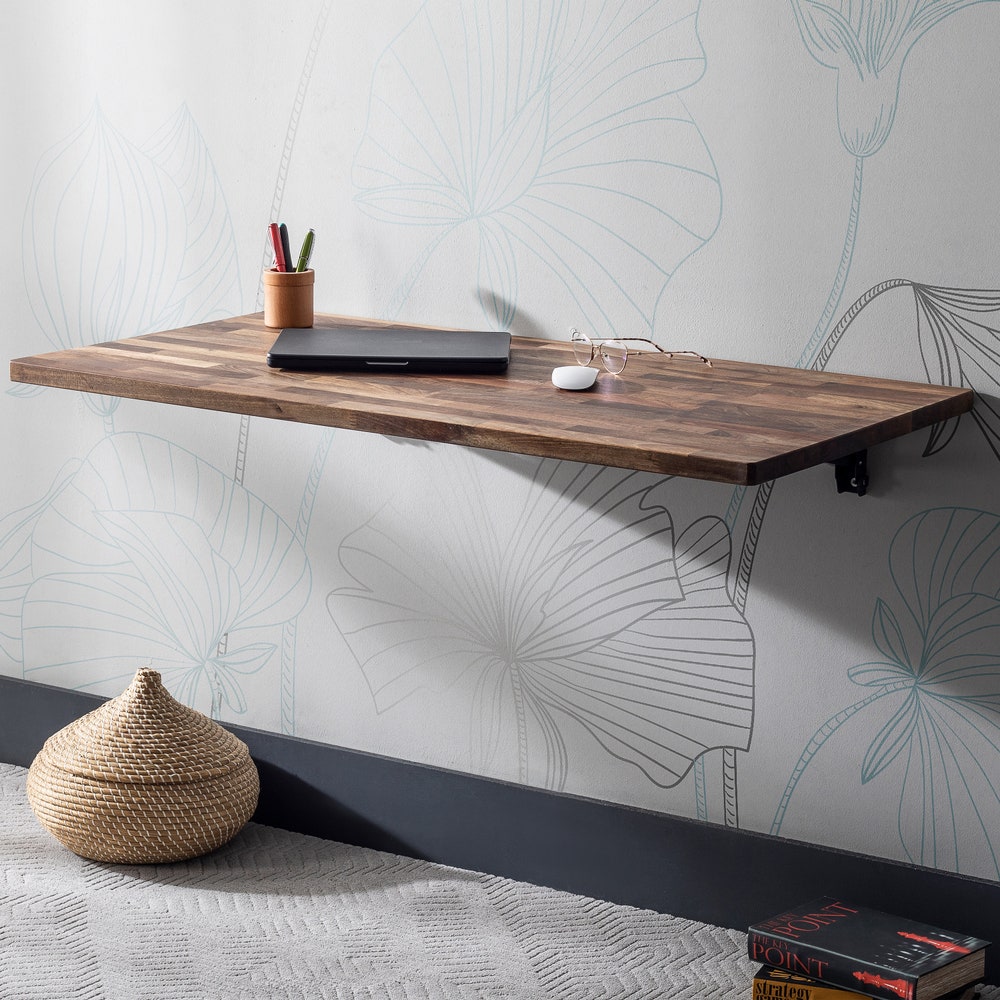 Walnut Space Saver Folding Floating Desk, Wooden Folding Table, Wall Mount Study Desk, Fold Down Dining Table, Murphy Desk, Home Office Desk