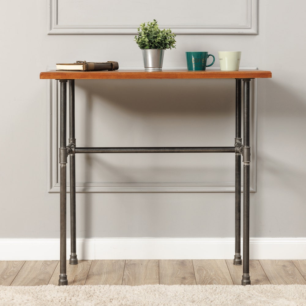 Rustic Industrial Entryway Console Table With Solid Wood Top And Metal Pipe Legs