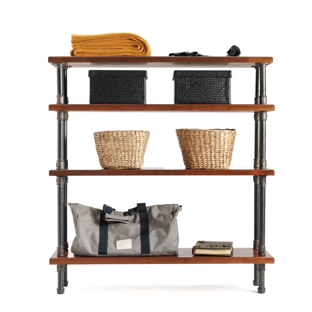 Industrial Farmhouse Entryway Table With Reclaimed Wood Shelves And Metal Frame