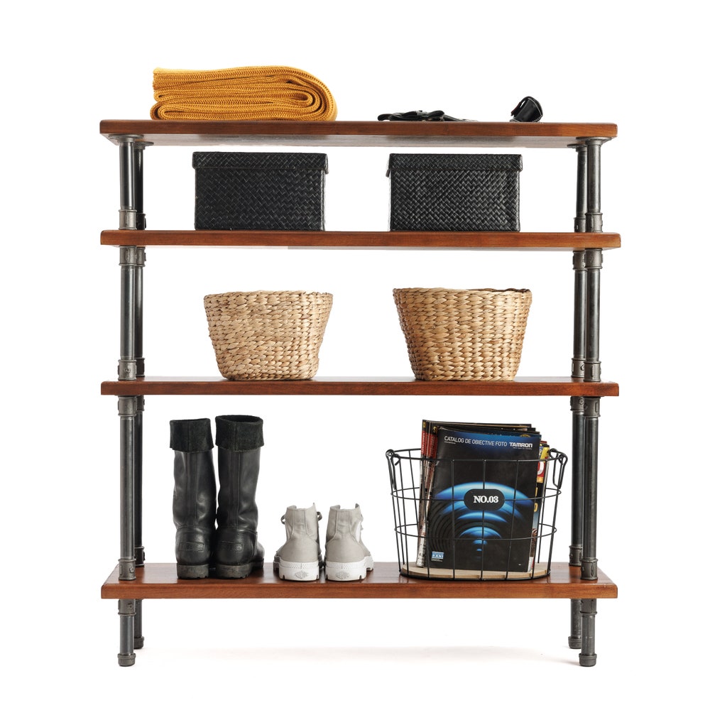 Industrial Farmhouse Entryway Table With Reclaimed Wood Shelves And Metal Frame