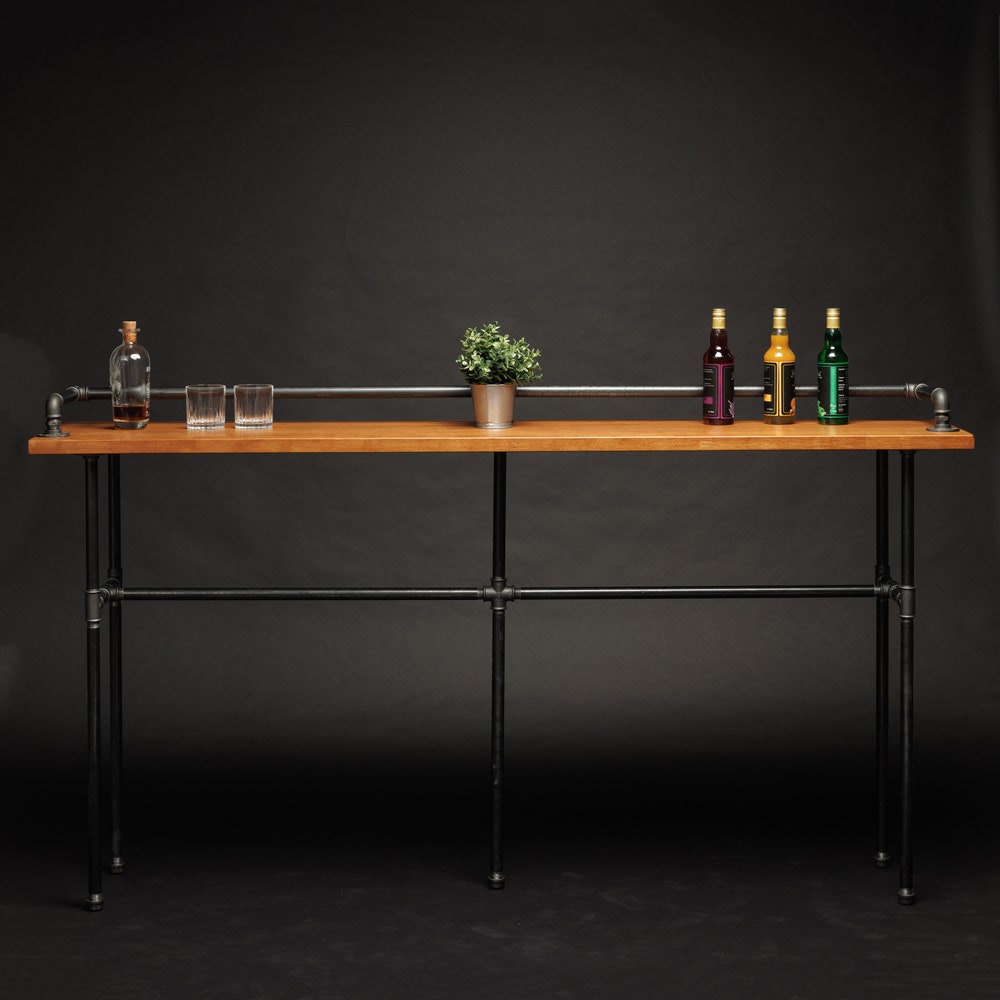 Handmade Industrial Bar Table With Solid Wood Top And Pipe Frame For Kitchen Or Hallway