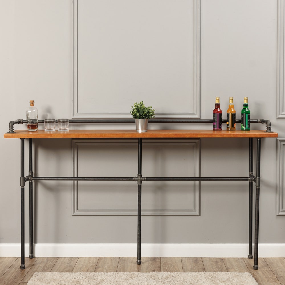Handmade Industrial Bar Table With Solid Wood Top And Pipe Frame For Kitchen Or Hallway