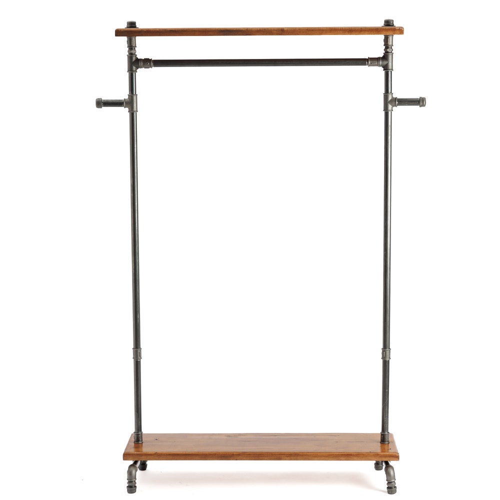 Rustic Industrial Garment Rack With Wood Shelf And Pipe Frame For Retail Or Home Use