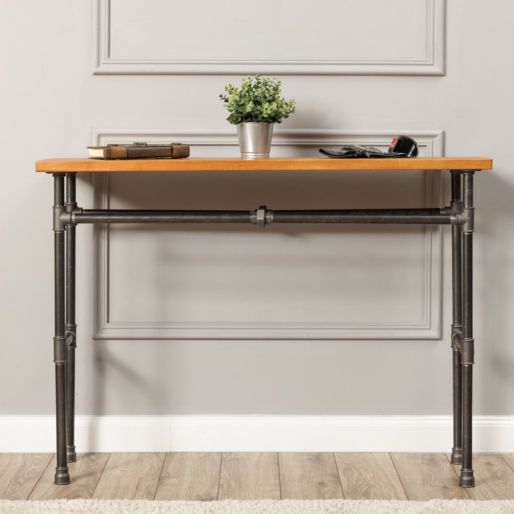 Handmade Industrial Console Table With Solid Wood Top And Pipe Frame For Entryway