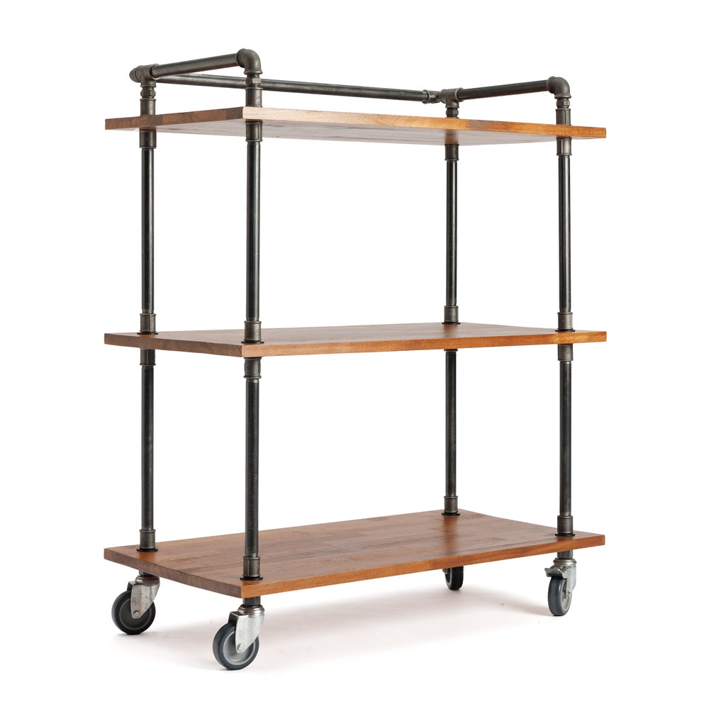 Industrial Wood Kitchen Storage Cart With Wheels And Metal Pipe Frame