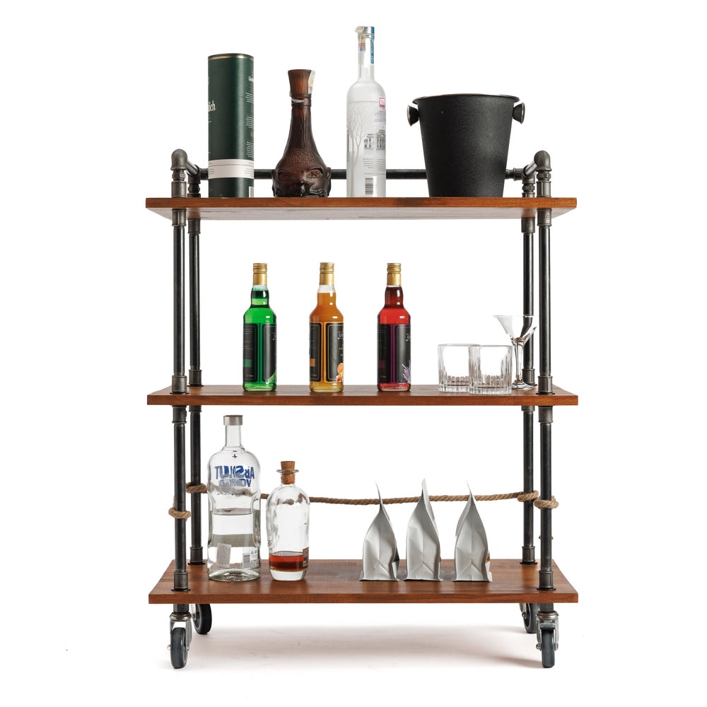 Industrial Wood Kitchen Storage Cart With Wheels And Metal Pipe Frame