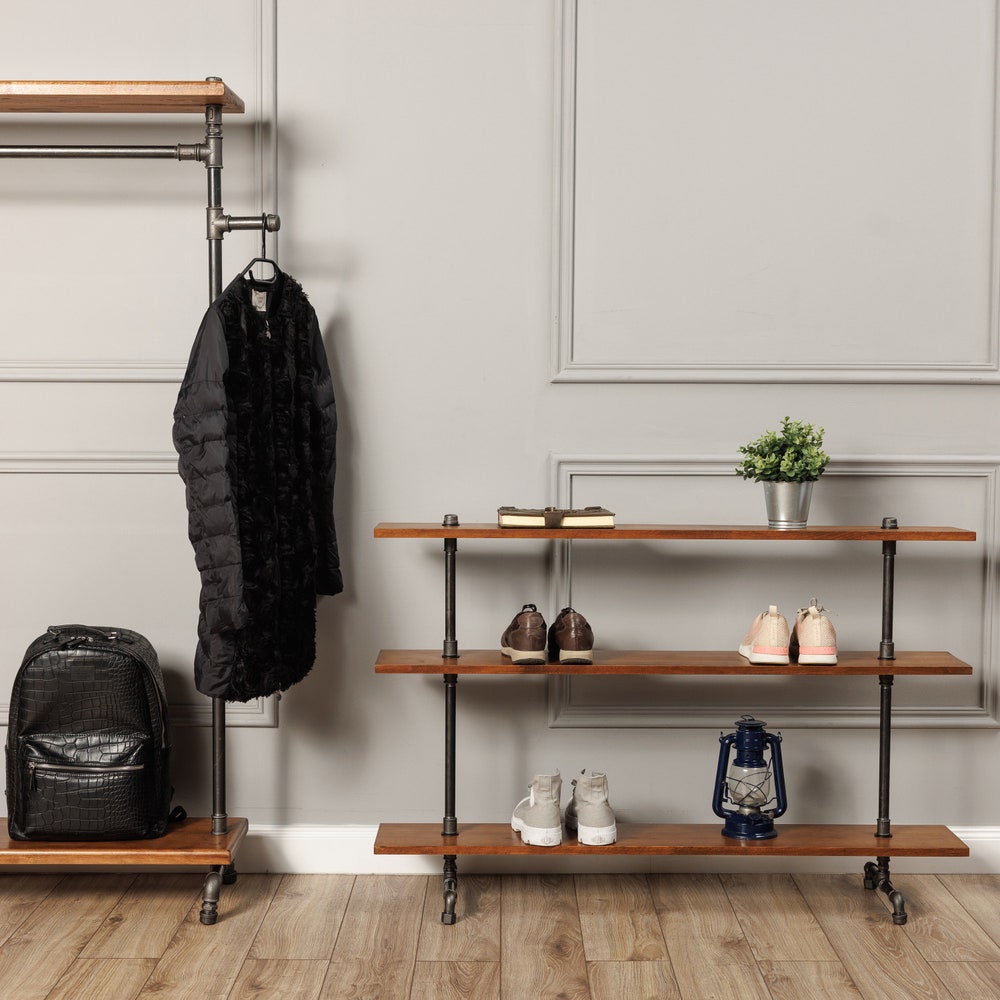 Industrial Three Tier Shoe Rack Organizer With Solid Wood Shelves For Entryway Storage