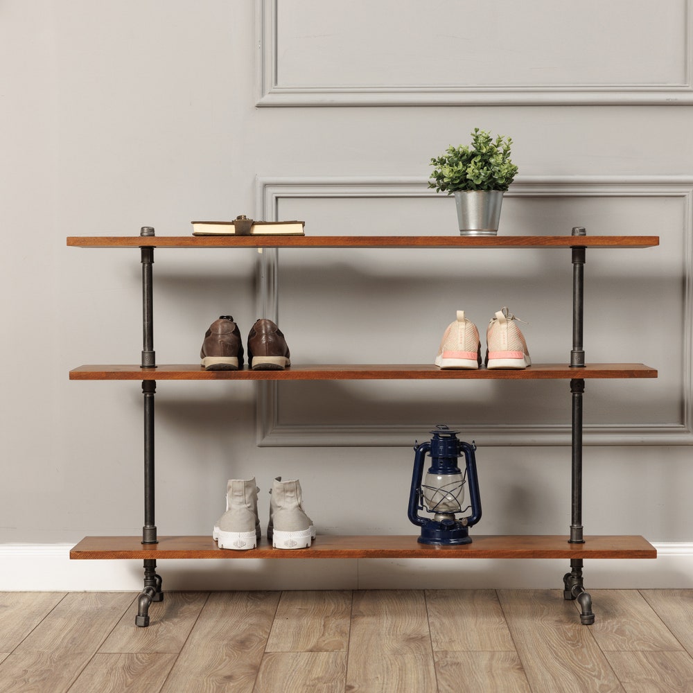 Industrial Three Tier Shoe Rack Organizer With Solid Wood Shelves For Entryway Storage