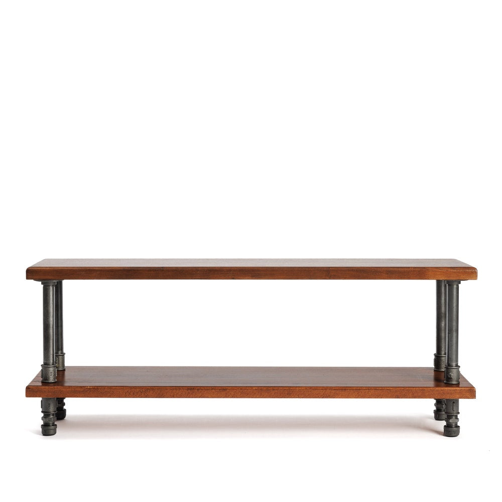 Industrial Two Tier Shoe Storage Bench With Solid Wood Shelf For Entryway Organization