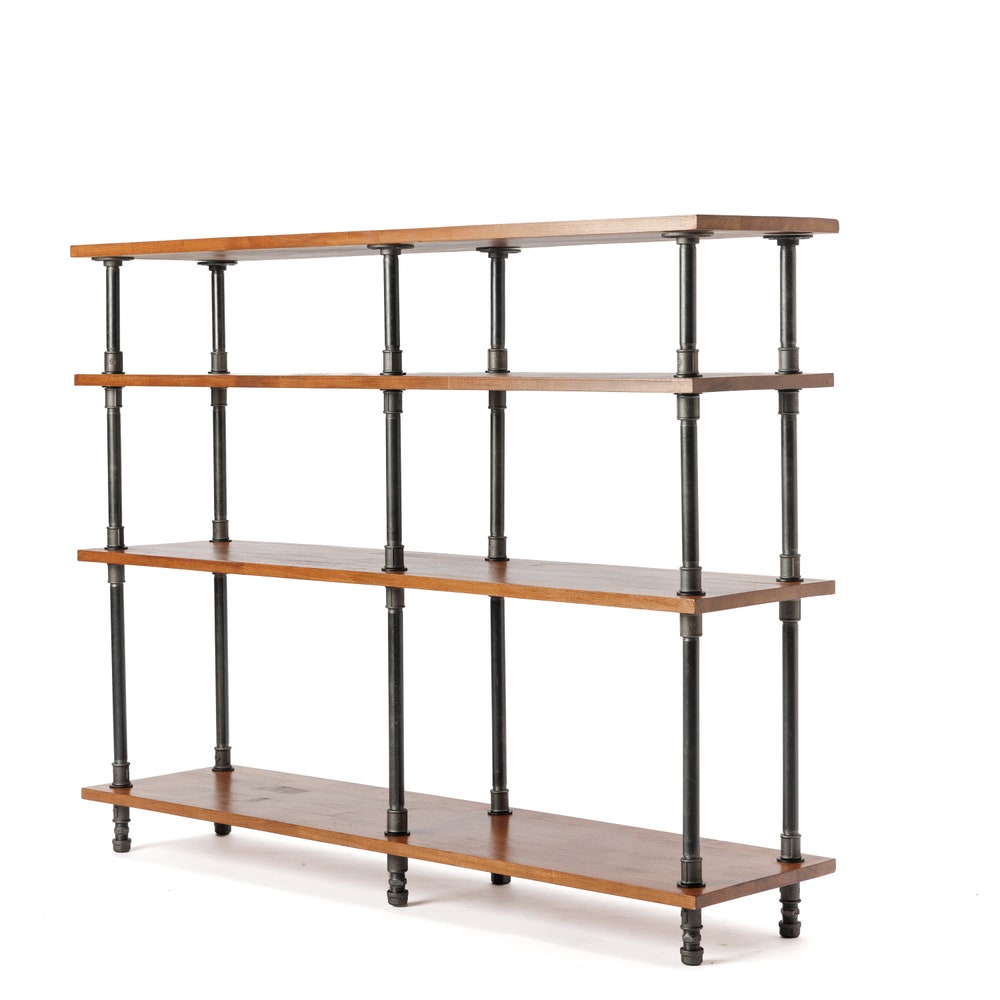 Industrial Pipe And Solid Beech Wood Storage Console Table With Open Shelves