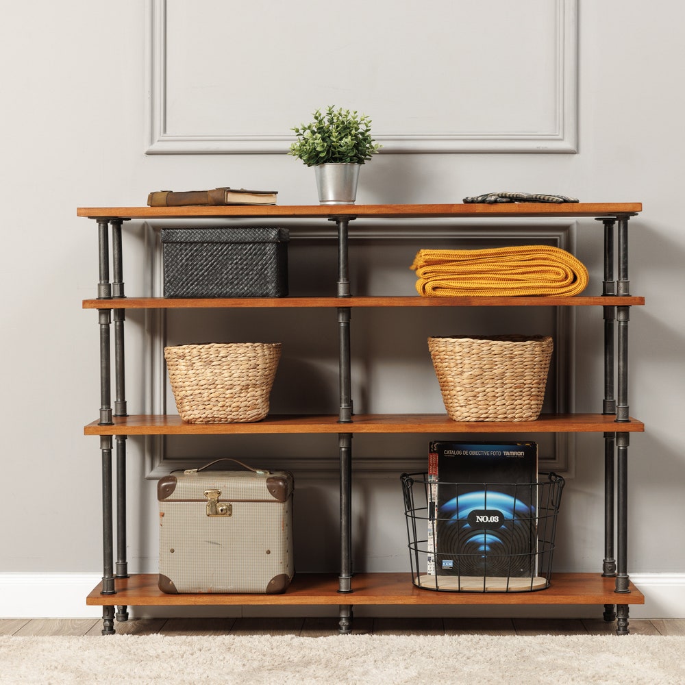 Industrial Pipe And Solid Beech Wood Storage Console Table With Open Shelves