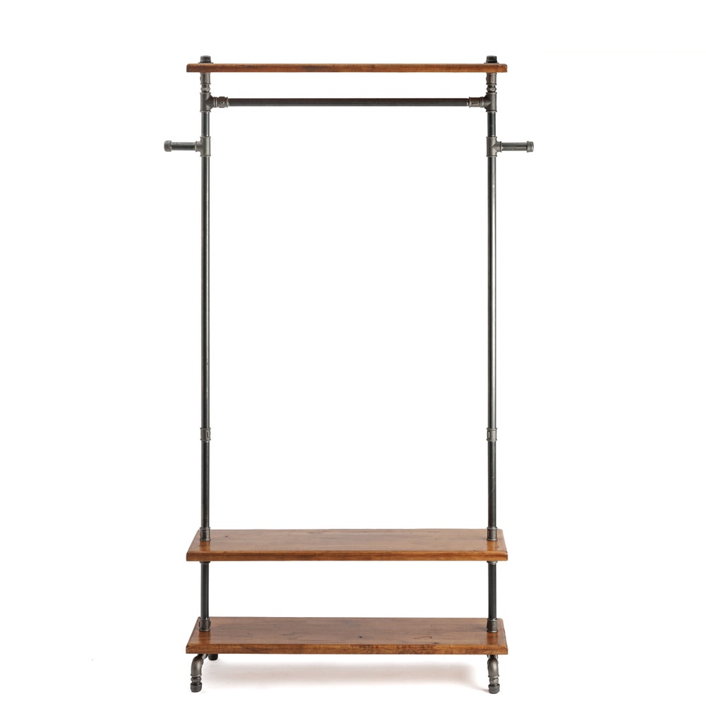 Industrial Garment Rack With Pipe Frame And Wood Shelves For Entryway Or Retail Display
