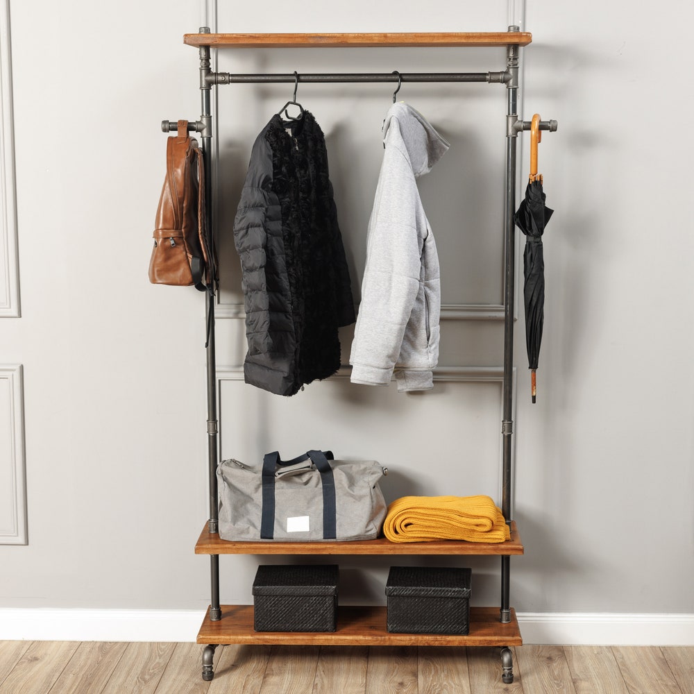 Industrial Garment Rack With Pipe Frame And Wood Shelves For Entryway Or Retail Display