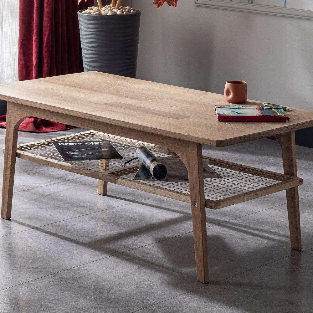 30x20" White Oak Coffee Table with Storage Shelf, Two Layer Lounge Table, Wooden Center Table with Shelf, 2 Tier Rectangular Table
