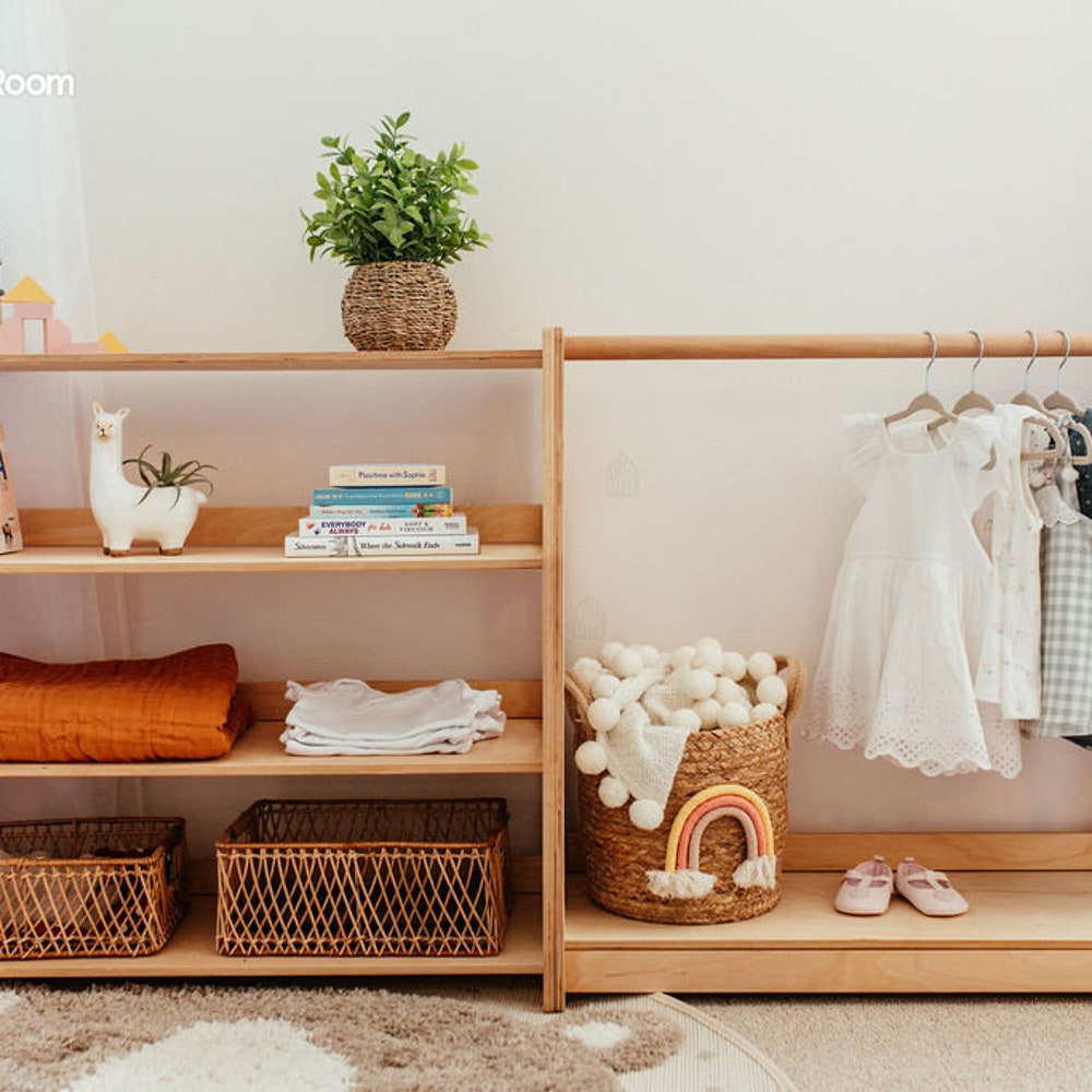 Storage Furniture for toddler playroom, Montessori cubby, Baby clothing rack, Wooden hanger, Girls dress up, Kid bookshelf, Toy Organizer
