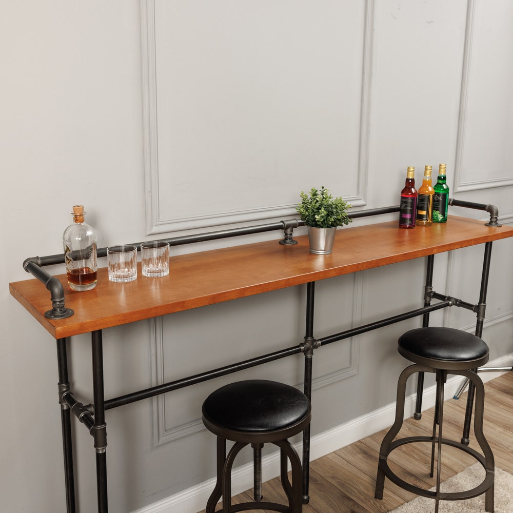 Handmade Industrial Bar Table With Solid Wood Top And Pipe Frame For Kitchen Or Hallway