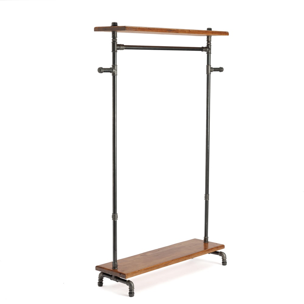 Rustic Industrial Garment Rack With Wood Shelf And Pipe Frame For Retail Or Home Use