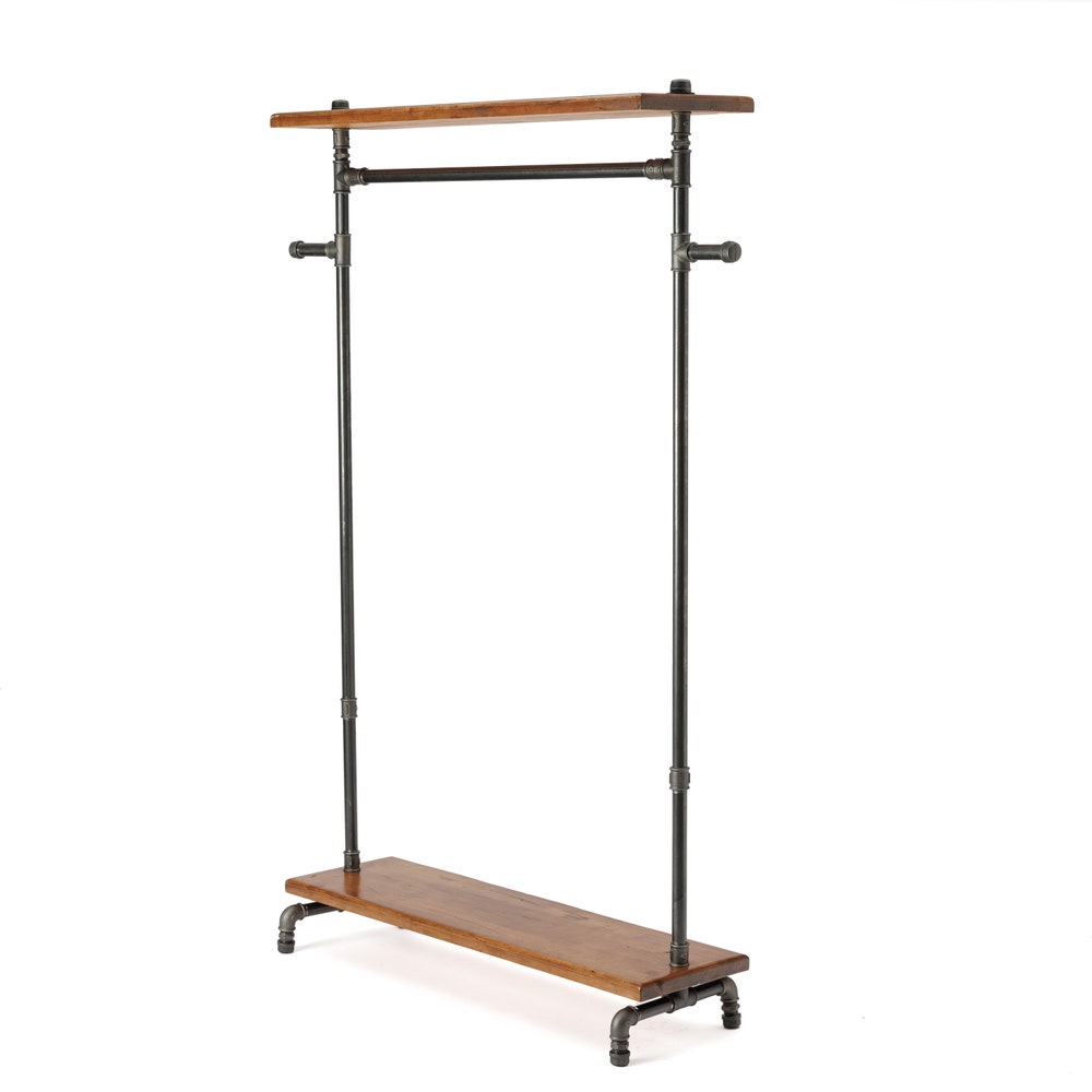 Rustic Industrial Garment Rack With Wood Shelf And Pipe Frame For Retail Or Home Use